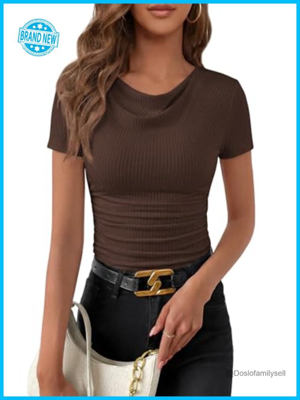 Womens Cowl Neck Ruched Fitted Short Sleeve Crop Top Polyester Elastane